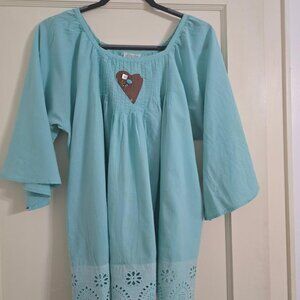 XL Petal BAY Soft BLUE BLOUSE Top/Tunic Heart Patch, pleats and beads 3/4 Sleeve
